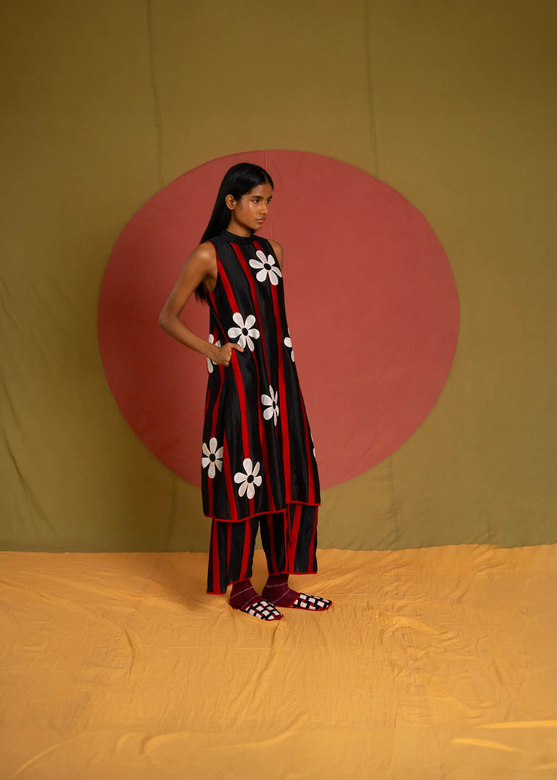 Patti Florist Tunic-Black and red chanderi tunics/kaftan by Ka-Sha in red for women Worldwide
