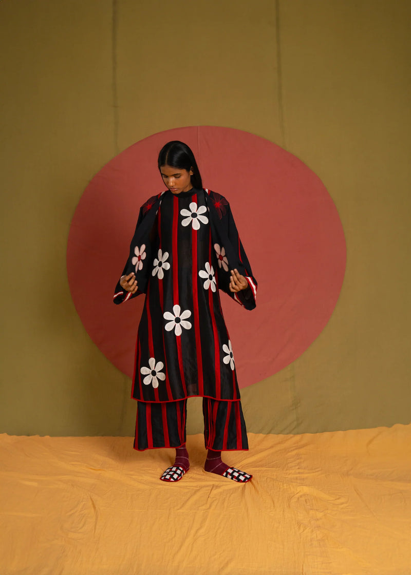 Patti Florist Tunic-Black and red chanderi tunics/kaftan by Ka-Sha in red for women Worldwide