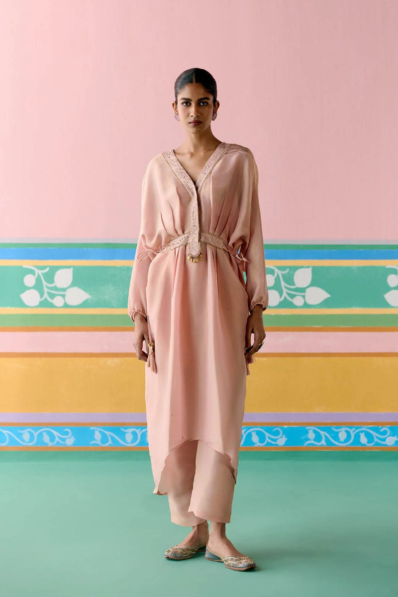 Peach Embroidered Kaftan Set (Long) tissue by Label Mogra in peach color for women Worldwide