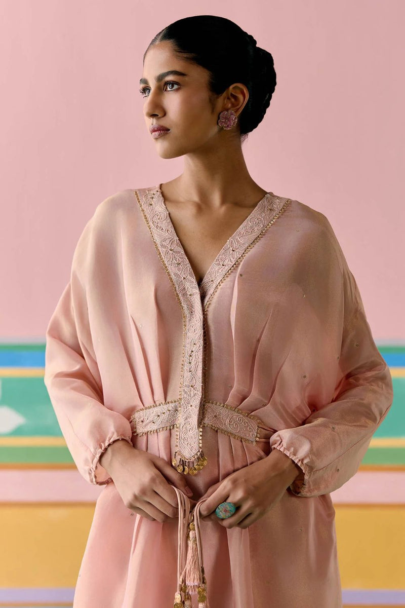Peach Embroidered Kaftan Set (Long) tissue by Label Mogra in peach color for women Worldwide