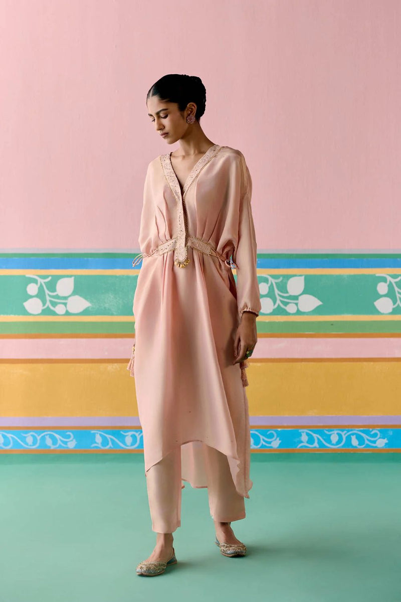Peach Embroidered Kaftan Set (Long) tissue by Label Mogra in peach color for women Worldwide