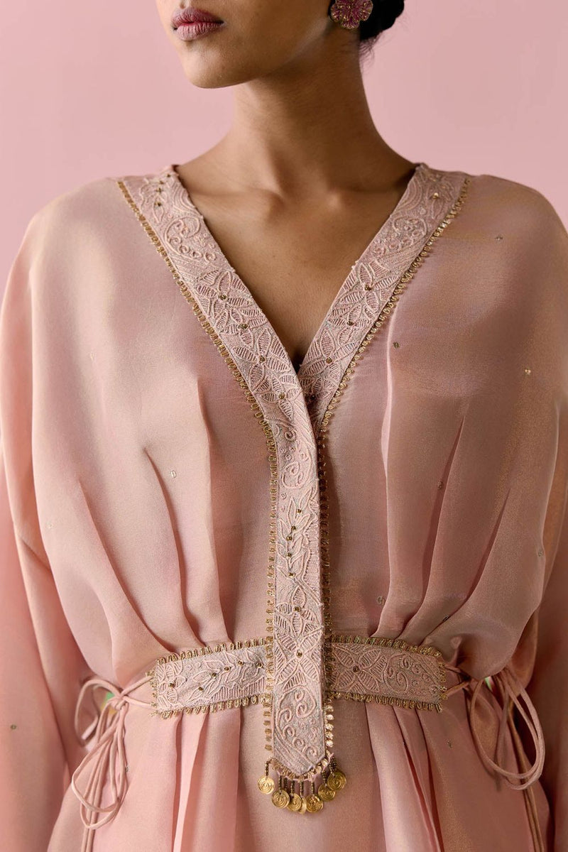 Peach Embroidered Kaftan Set (Long) tissue by Label Mogra in peach color for women Worldwide