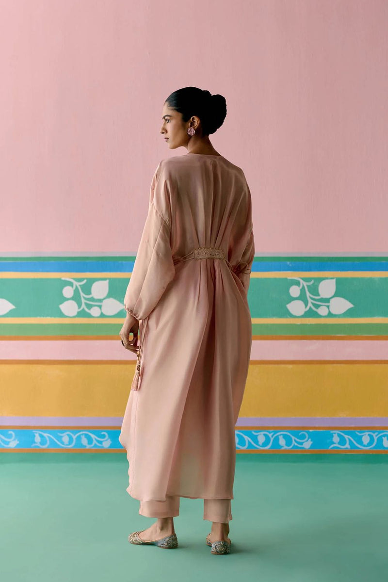 Peach Embroidered Kaftan Set (Long) tissue by Label Mogra in peach color for women Worldwide