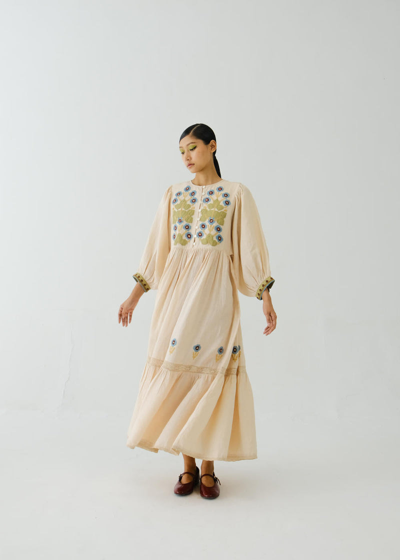 Peasant dress-Ivory Pixel Applique by CORD for women Worldwide