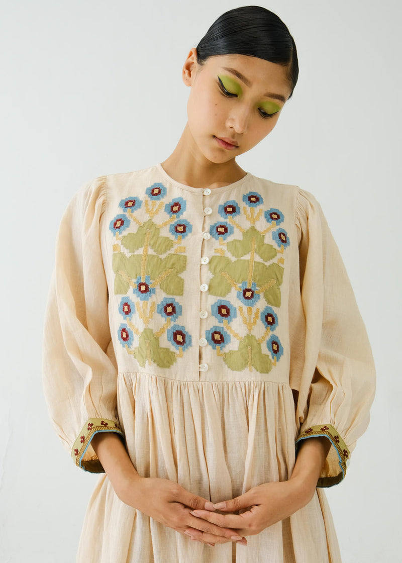 Peasant dress-Ivory Pixel Applique by CORD for women Worldwide