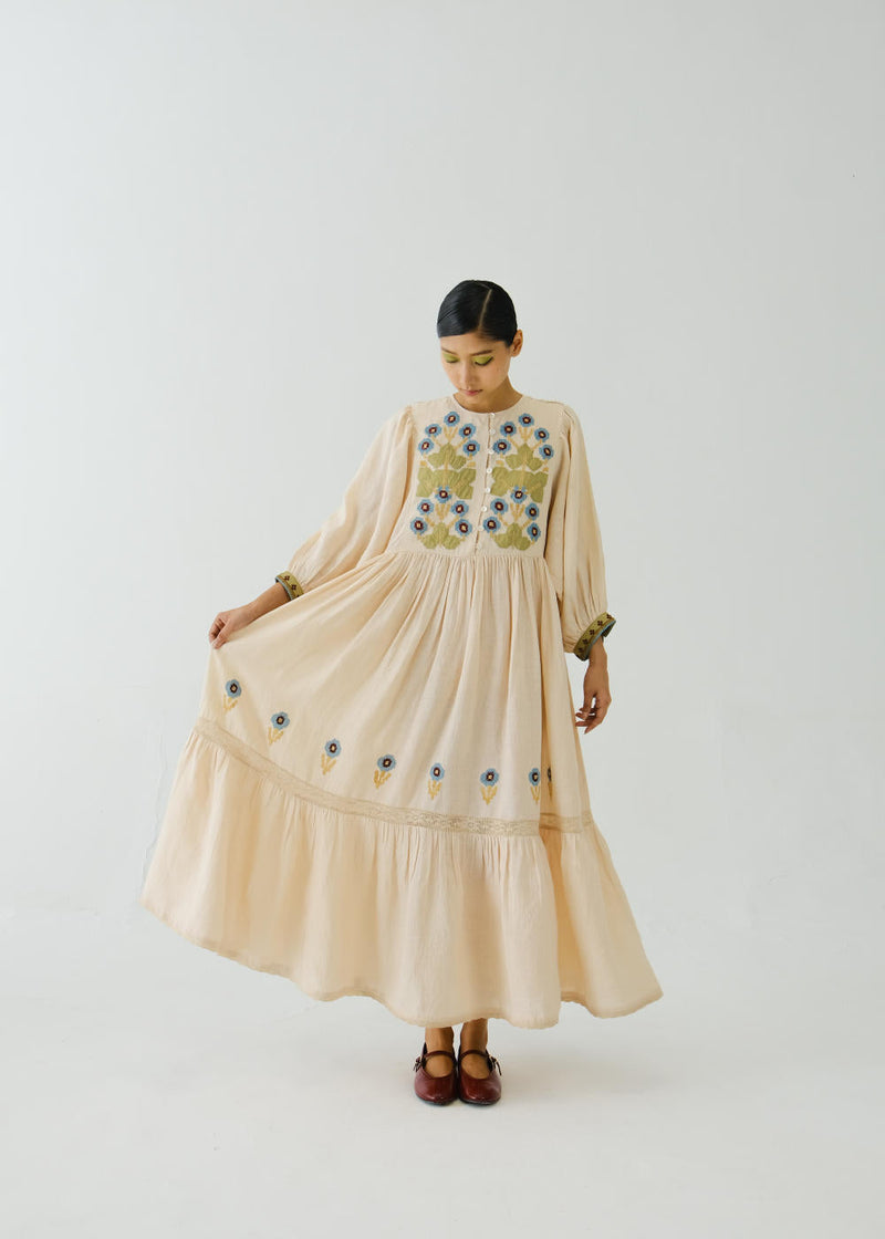 Peasant dress-Ivory Pixel Applique by CORD for women Worldwide