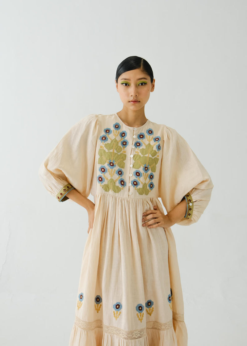 Peasant dress-Ivory Pixel Applique by CORD for women Worldwide