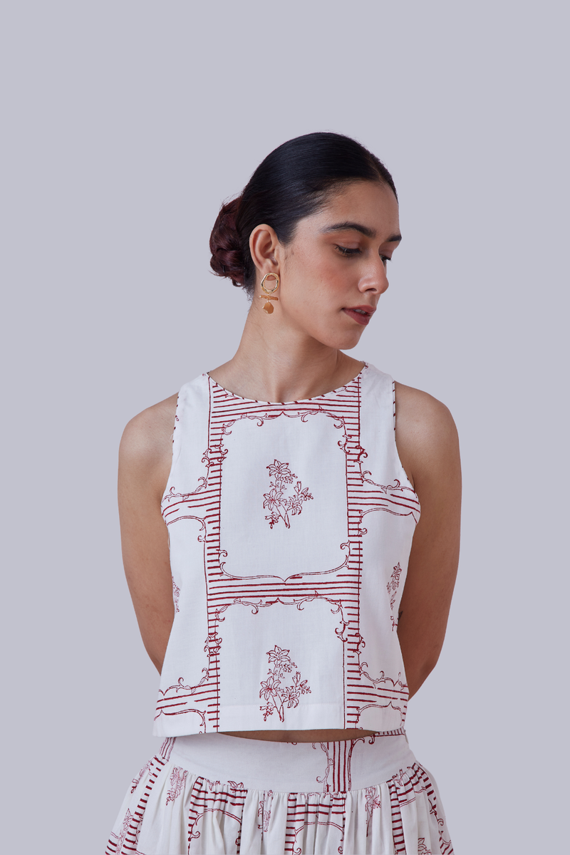 Penelope Red Hand Printed Top cotton cambric top/shirt by The Summer House for women in Singapore