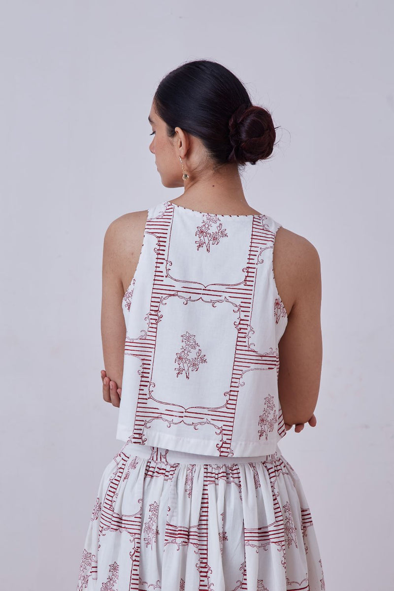 Penelope Red Hand Printed Top cotton cambric top/shirt by The Summer House for women Worldwide