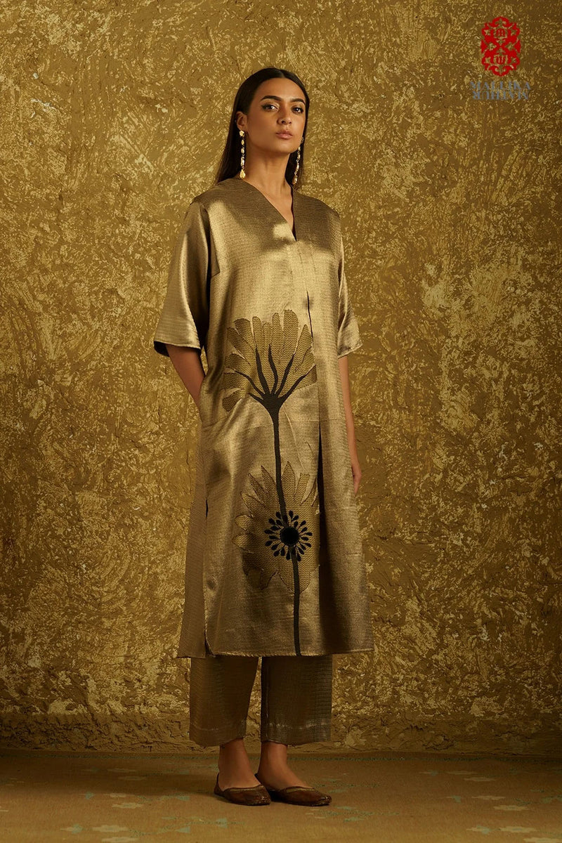 Peony Bloom' applique caftan dress burnt gold zari kurta/kurta set by Malika Mathur in copper for women Worldwide