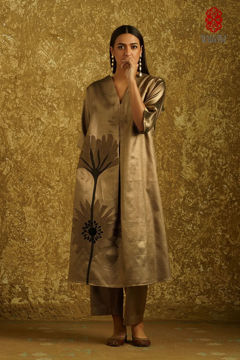 Peony Bloom' applique caftan dress burnt gold zari kurta/kurta set by Malika Mathur in copper for women Worldwide