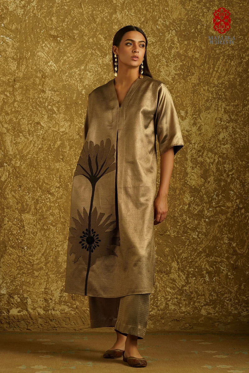 Peony Bloom' applique caftan dress burnt gold zari kurta/kurta set by Malika Mathur in copper for women Worldwide