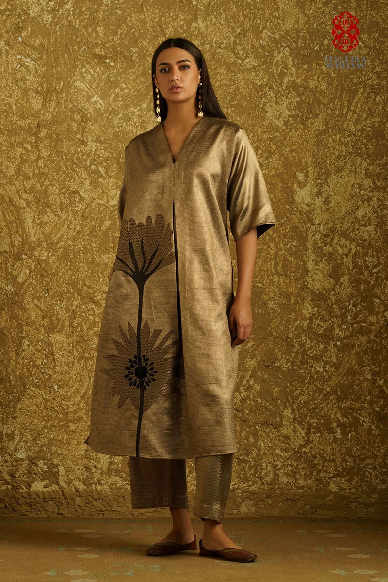 Peony Bloom' applique caftan dress burnt gold zari kurta/kurta set by Malika Mathur in copper for women Worldwide