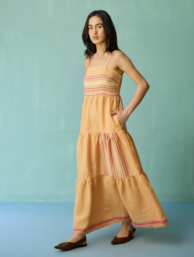 Pera Border Linen Tiered Dress - Apricot linen dress by Manan in apricot for women Worldwide