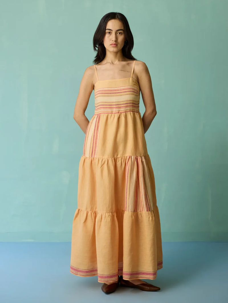 Pera Border Linen Tiered Dress - Apricot linen dress by Manan in apricot for women Worldwide