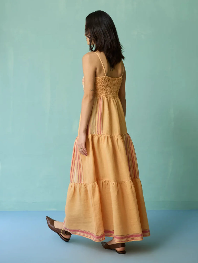 Pera Border Linen Tiered Dress - Apricot linen dress by Manan in apricot for women Worldwide
