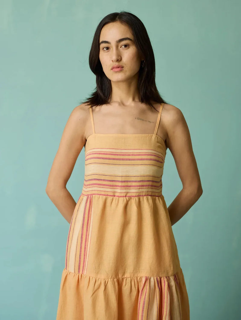Pera Border Linen Tiered Dress - Apricot linen dress by Manan in apricot for women Worldwide