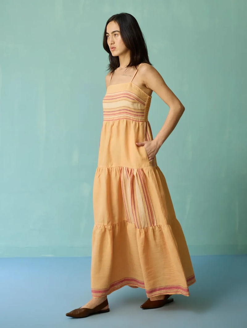 Pera Border Linen Tiered Dress - Apricot linen dress by Manan in apricot for women Worldwide