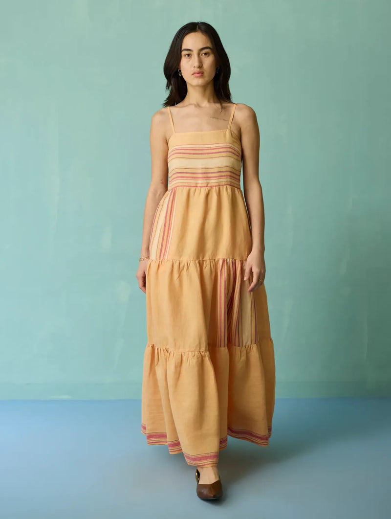 Pera Border Linen Tiered Dress - Apricot linen dress by Manan in apricot for women Worldwide