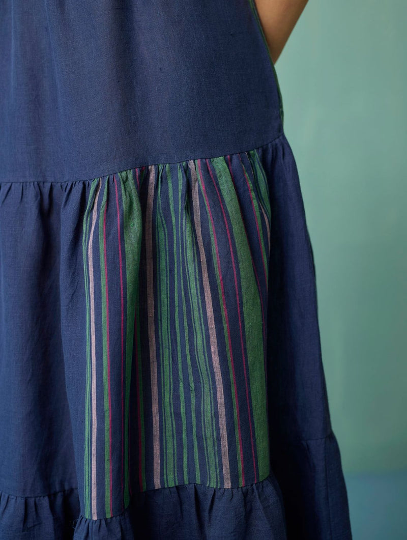 Pera Border Linen Tiered Dress - Indigo linen dress by Manan in navy for women Worldwide