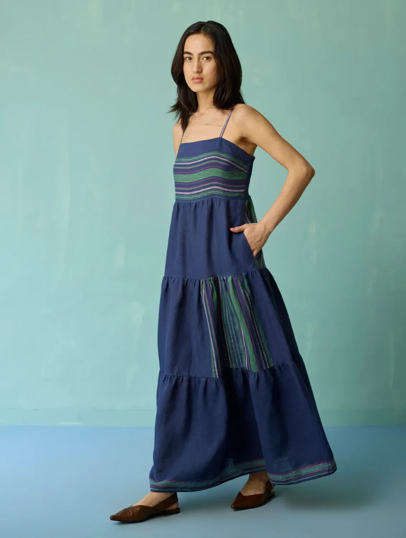 Pera Border Linen Tiered Dress - Indigo linen dress by Manan in navy for women Worldwide