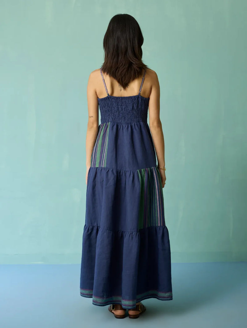 Pera Border Linen Tiered Dress - Indigo linen dress by Manan in navy for women Worldwide
