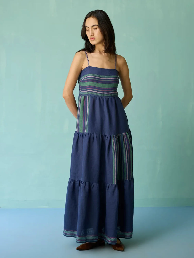 Pera Border Linen Tiered Dress - Indigo linen dress by Manan in navy for women Worldwide