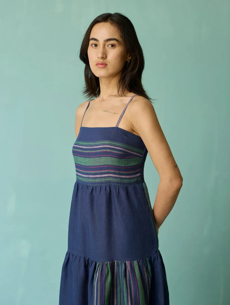 Pera Border Linen Tiered Dress - Indigo linen dress by Manan in navy for women Worldwide