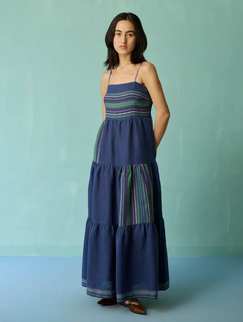 Pera Border Linen Tiered Dress - Indigo linen dress by Manan in navy for women Worldwide