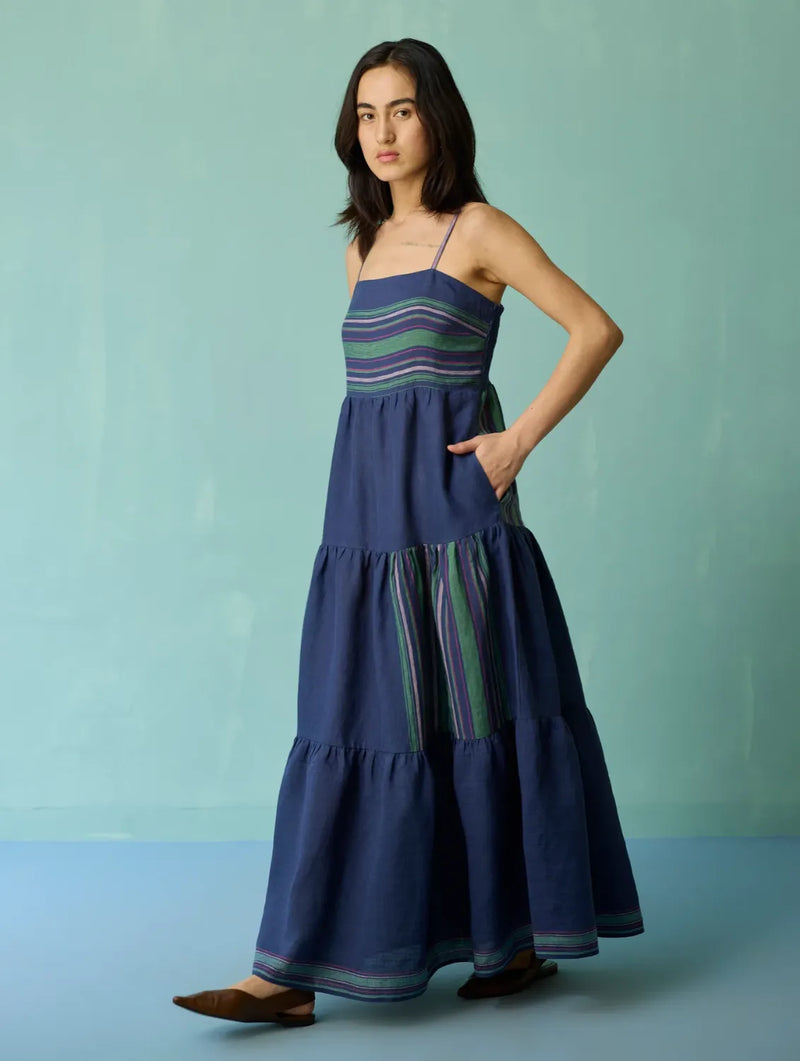 Pera Border Linen Tiered Dress - Indigo linen dress by Manan in navy for women Worldwide