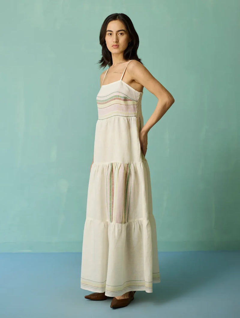 Pera Border Linen Tiered Dress - Ivory linen dress by Manan in ivory for women Worldwide