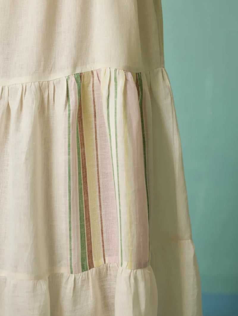 Pera Border Linen Tiered Dress - Ivory linen dress by Manan in ivory for women Worldwide