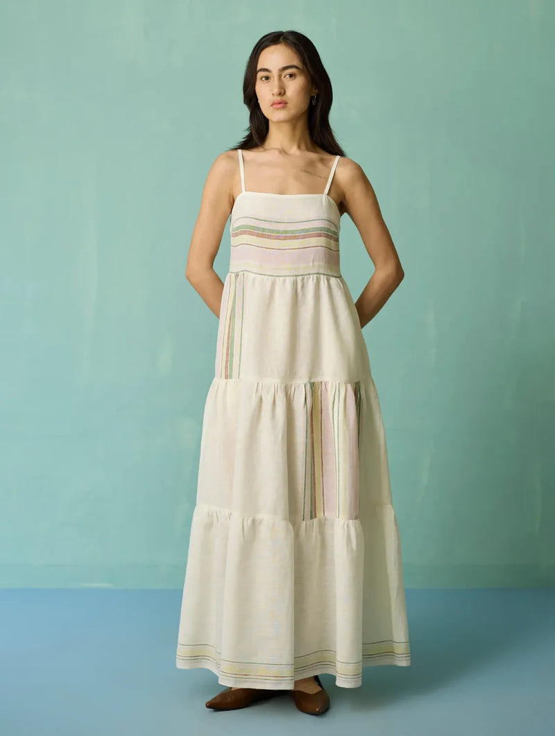 Pera Border Linen Tiered Dress - Ivory linen dress by Manan in ivory for women Worldwide