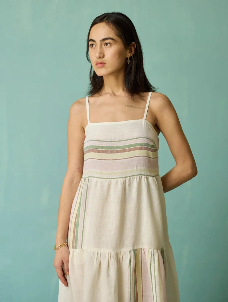 Pera Border Linen Tiered Dress - Ivory linen dress by Manan in ivory for women Worldwide