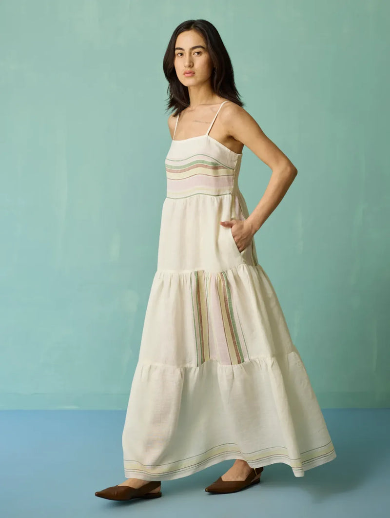 Pera Border Linen Tiered Dress - Ivory linen dress by Manan in ivory for women Worldwide
