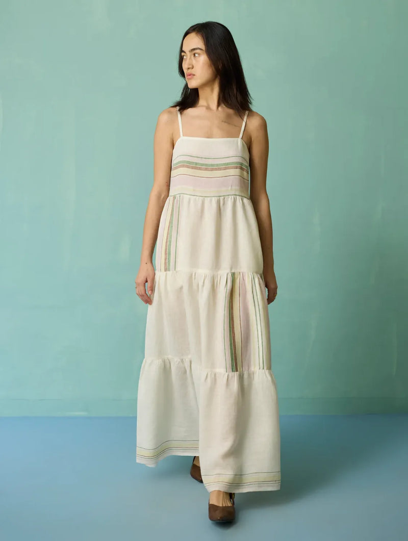 Pera Border Linen Tiered Dress - Ivory linen dress by Manan in ivory for women Worldwide