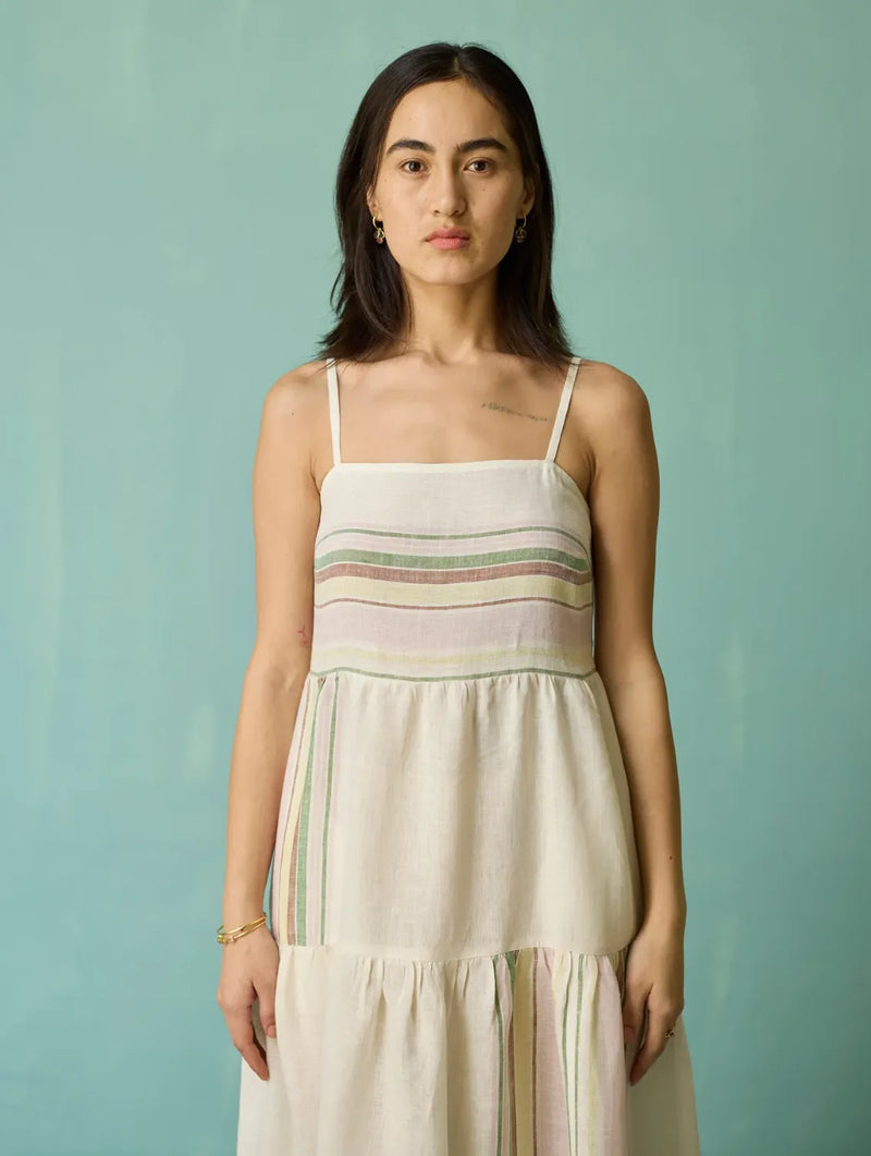 Pera Border Linen Tiered Dress - Ivory linen dress by Manan in ivory for women Worldwide