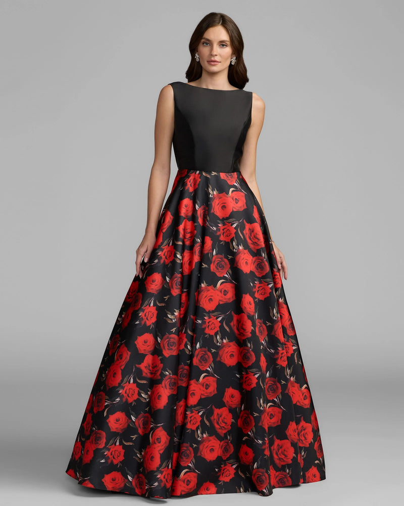 9956469P-Petite Black And Red Floral Open Back Ball Gown polyester cocktail-and-party-dresses by Mac Duggal in red for women Worldwide
