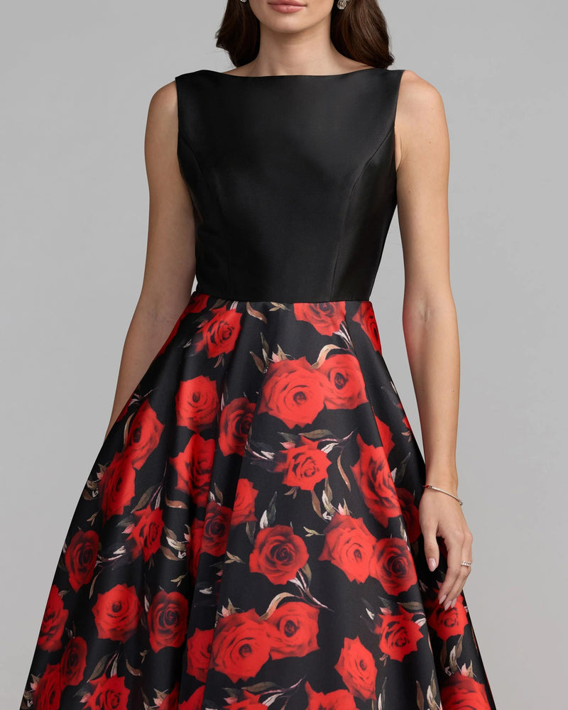 9956469P-Petite Black And Red Floral Open Back Ball Gown polyester cocktail-and-party-dresses by Mac Duggal in red for women Worldwide