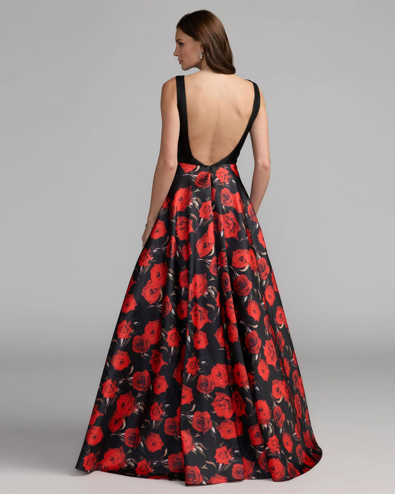 9956469P-Petite Black And Red Floral Open Back Ball Gown polyester cocktail-and-party-dresses by Mac Duggal in red for women Worldwide