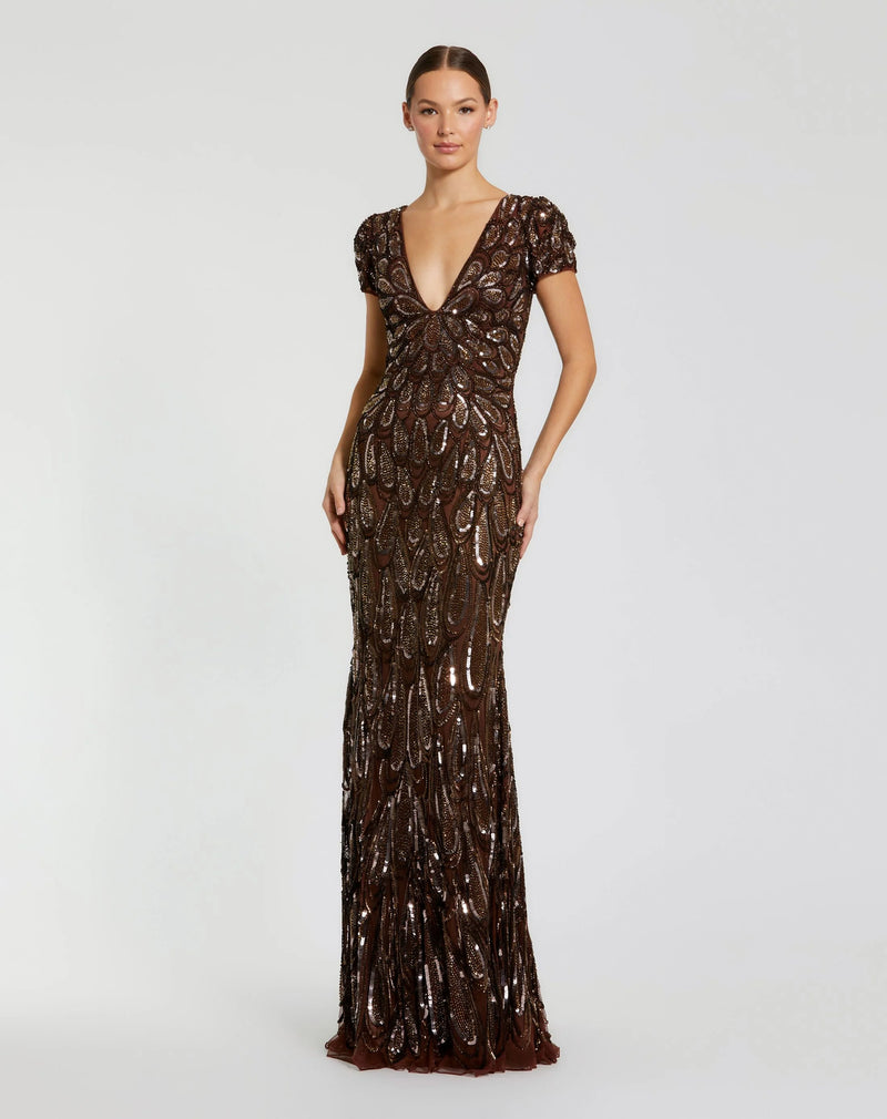995243P-Petite Brown Embellished Deep V Column Gown polyester evening-gowns by Mac Duggal in brown for women Worldwide