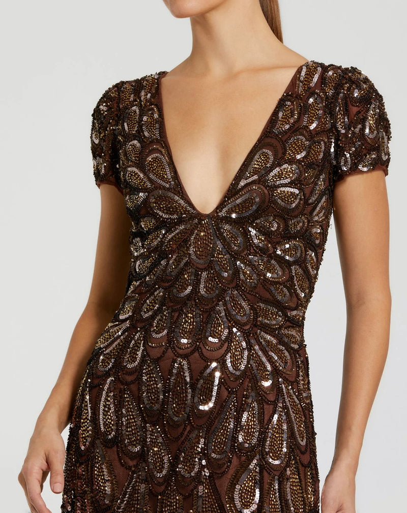 995243P-Petite Brown Embellished Deep V Column Gown polyester evening-gowns by Mac Duggal in brown for women Worldwide