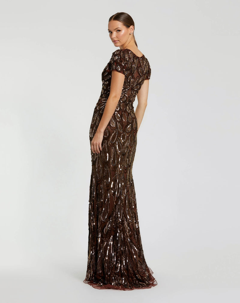 995243P-Petite Brown Embellished Deep V Column Gown polyester evening-gowns by Mac Duggal in brown for women Worldwide