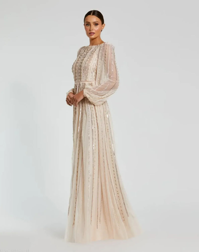 Pink Boat Neck Long Sleeve Gown With Striped Beading by Mac Duggal in peach color for women Worldwide