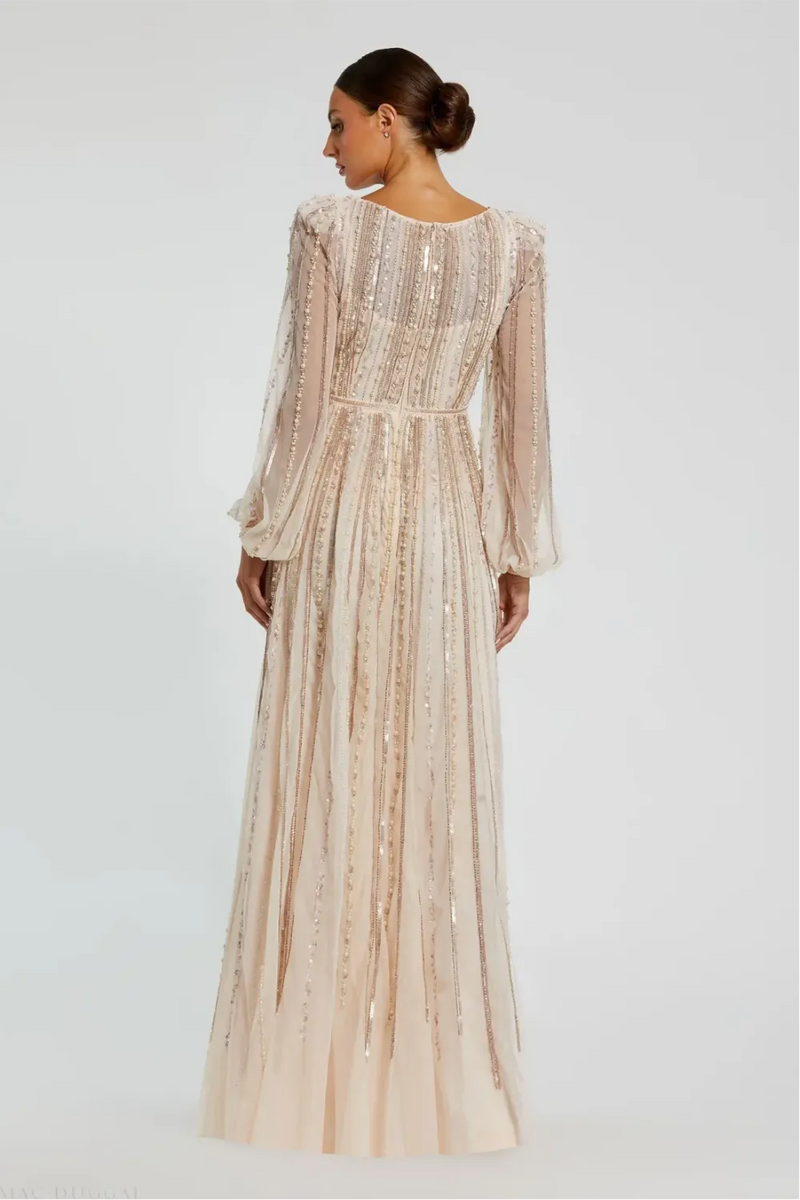 Pink Boat Neck Long Sleeve Gown With Striped Beading by Mac Duggal in peach color for women Worldwide