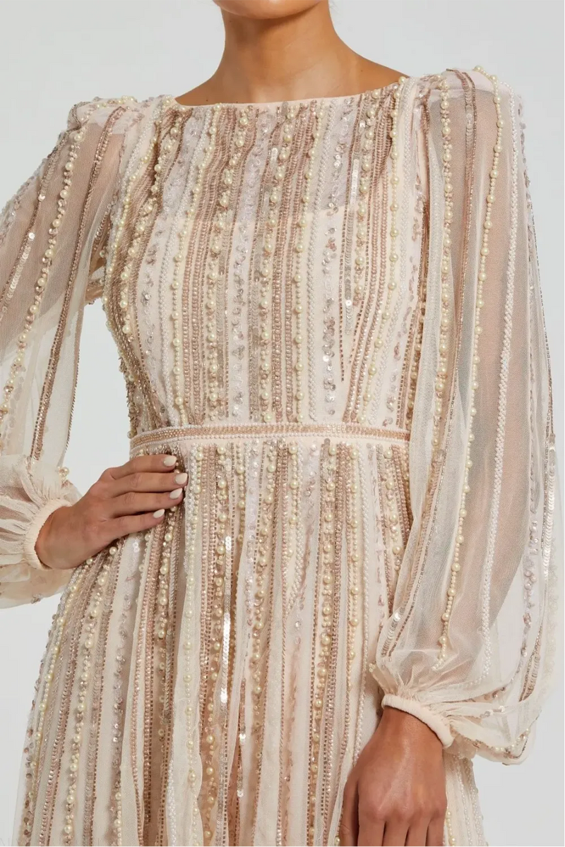 Pink Boat Neck Long Sleeve Gown With Striped Beading by Mac Duggal in peach color for women Worldwide