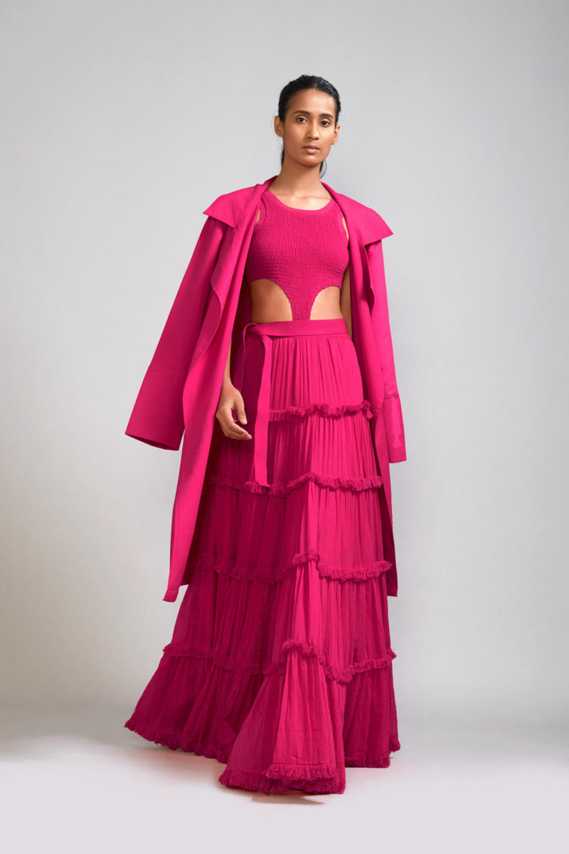 Pink Bodysuit-Lehenga-Jacket Set (3 PCS) cotton Lehenga Sets by Mati in pink color for women Worldwide