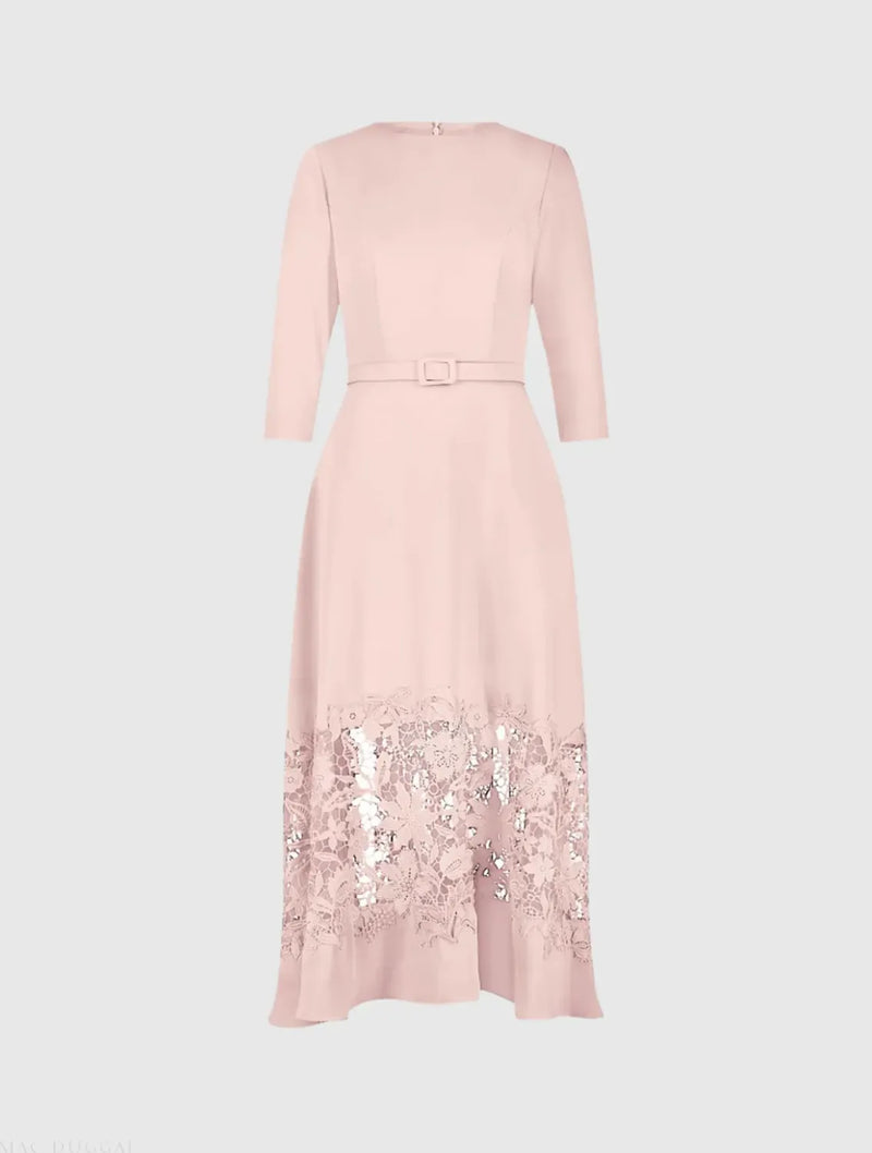 Pink Crepe Boat Neck Midi Dress With Applique Cut Out by Mac Duggal in blush color for women Worldwide