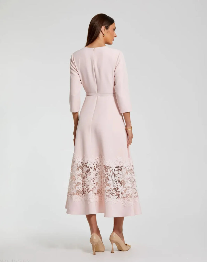 Pink Crepe Boat Neck Midi Dress With Applique Cut Out by Mac Duggal in blush color for women Worldwide