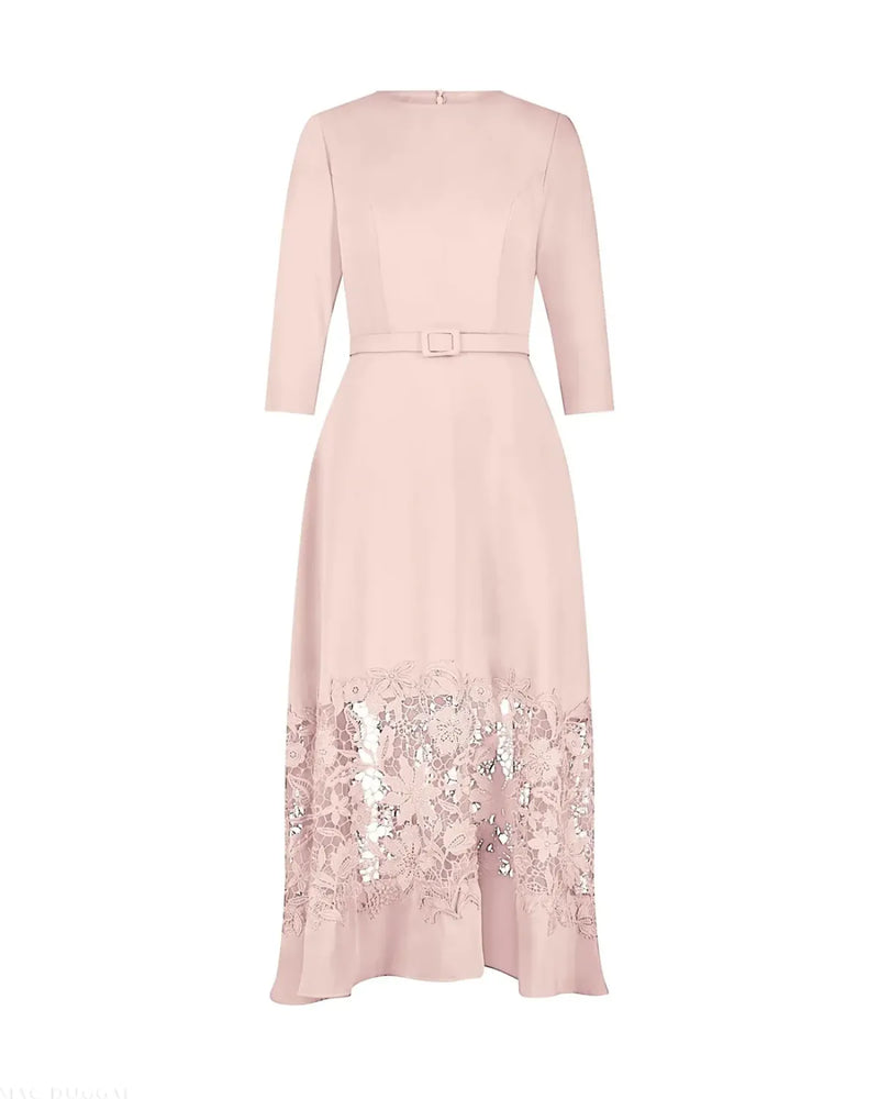 Pink Crepe Boat Neck Midi Dress With Applique Cut Out by Mac Duggal in blush color for women Worldwide